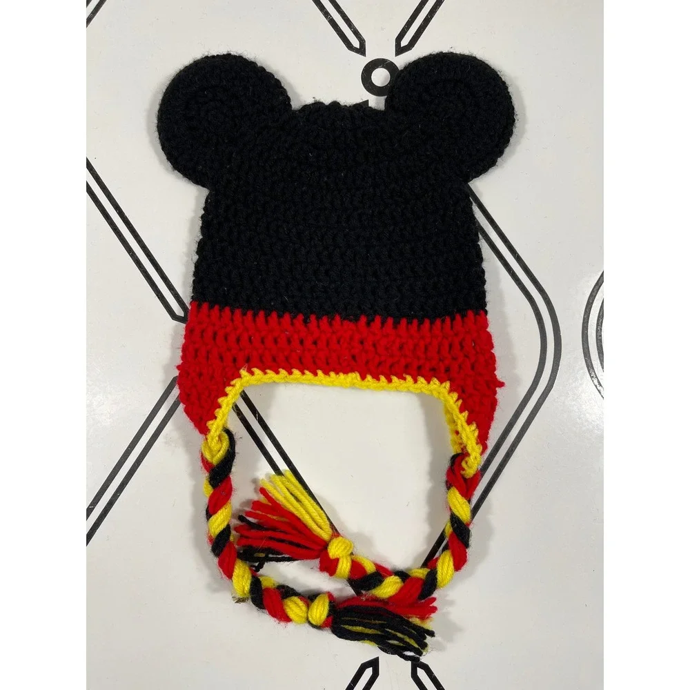Handmade Kids Mickey Mouse Crochet‎ Hat with Braids Earflap Winter Beanie